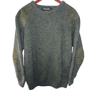 WoolOvers‎ Mens British Wool Sweater Olive Green Suede Patch Shooting Jumper L